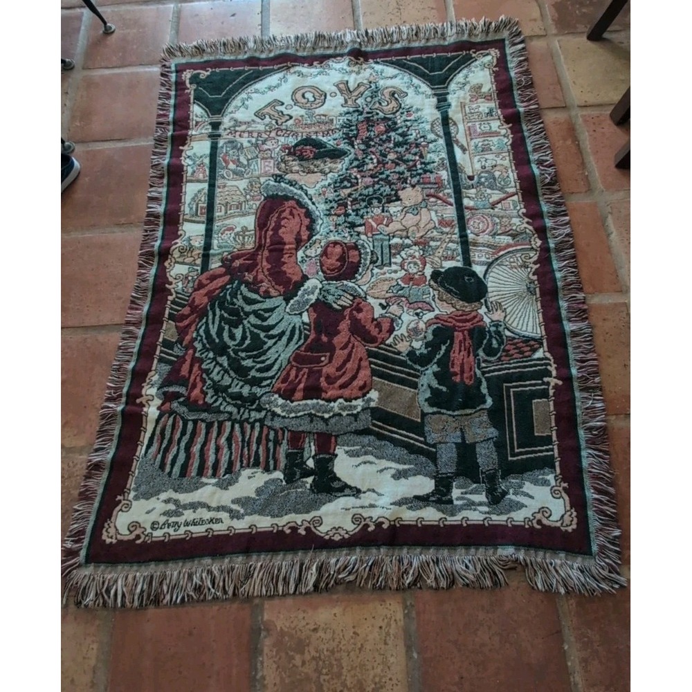 Fieldcrest Antique Toy Shop Throw Blanket Holiday Christmas Santa Tapestry